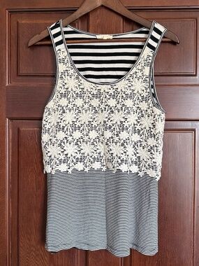 Mystree, Navy Striped Top with lace. Women's size M